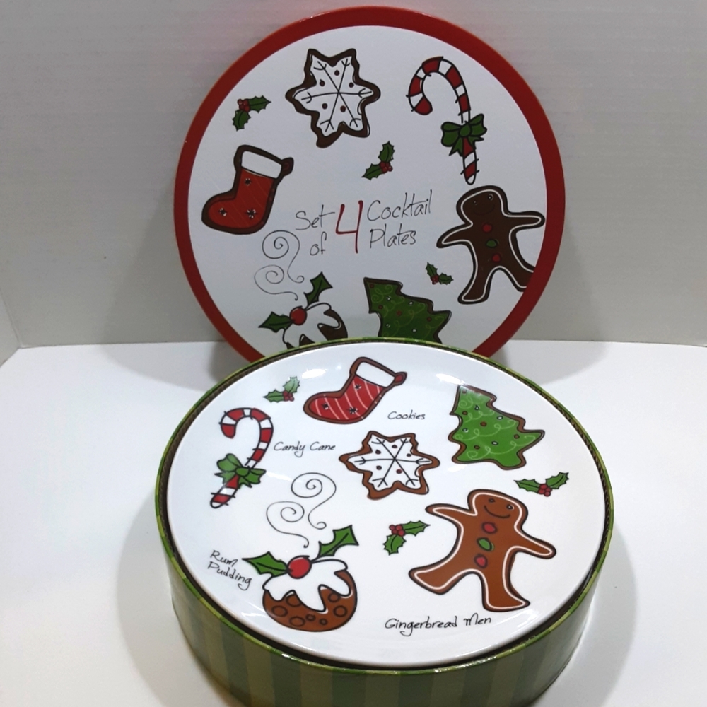 Set Of 4 Festive Christmas Cocktail or Cookie Plates 8" Holiday Dessert Festive